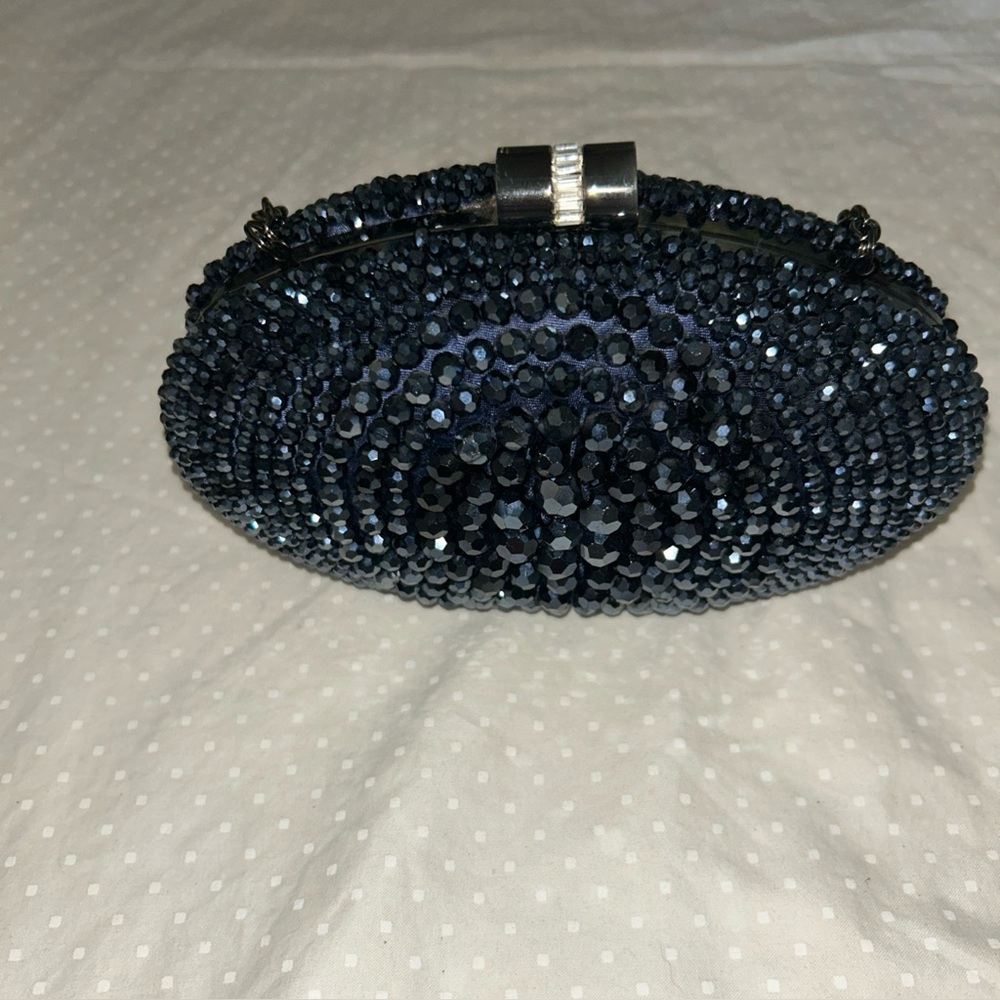 Vintage CACHE Beaded Crystal Hard Shell Clutch Navy Evening